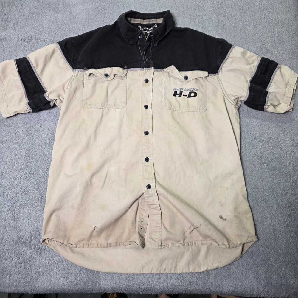 Harley-Davidson Mens Large SS Button Up Shirt Tan Black Colorblock Distressed